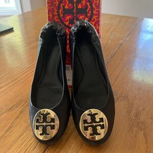 Tory Burch Black Flats with Gold Logo